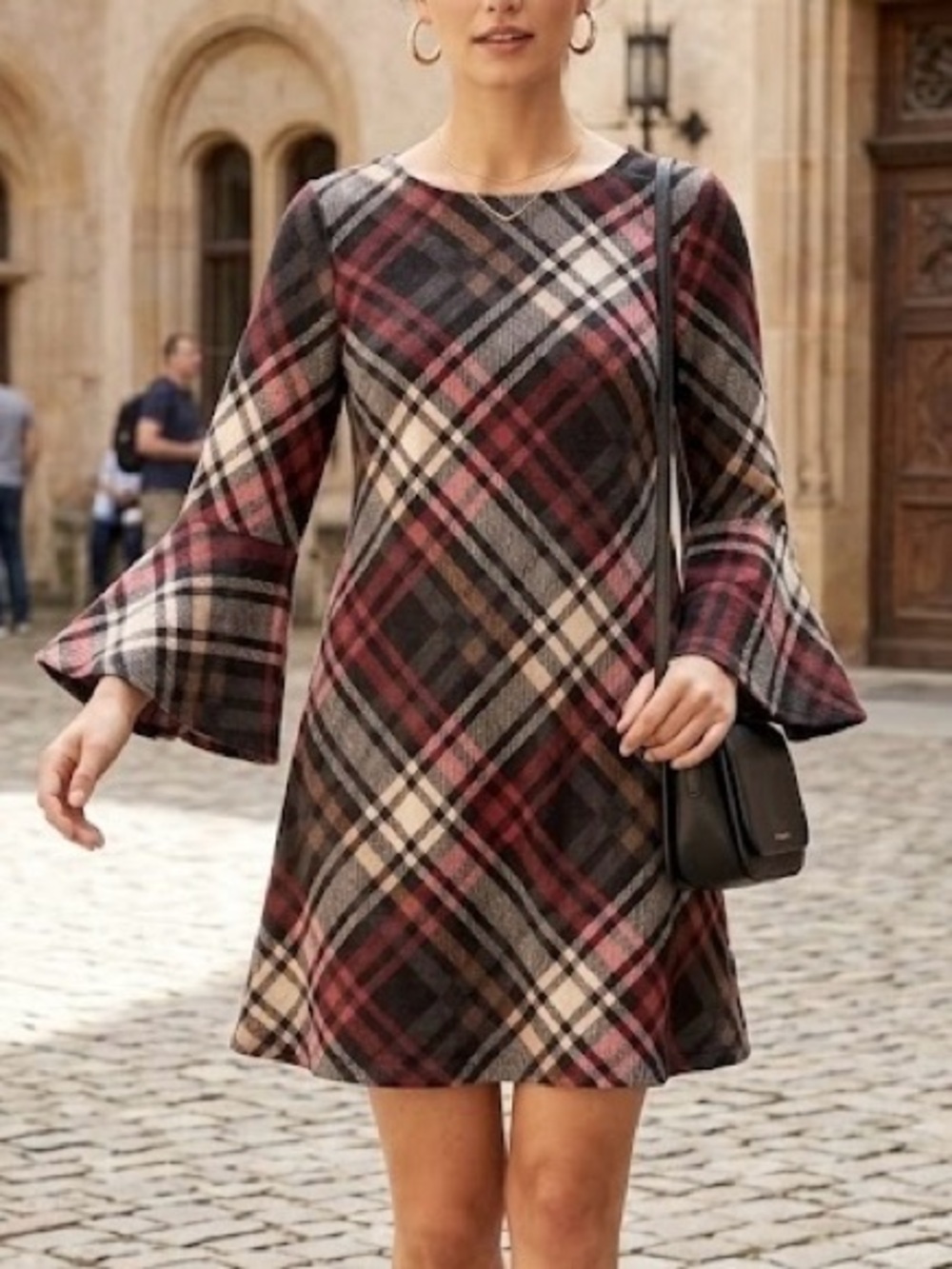 NEW Size M La Nouvelle Renaissance Gray Red Plaid Bell Sleeve Shift Mini Dress